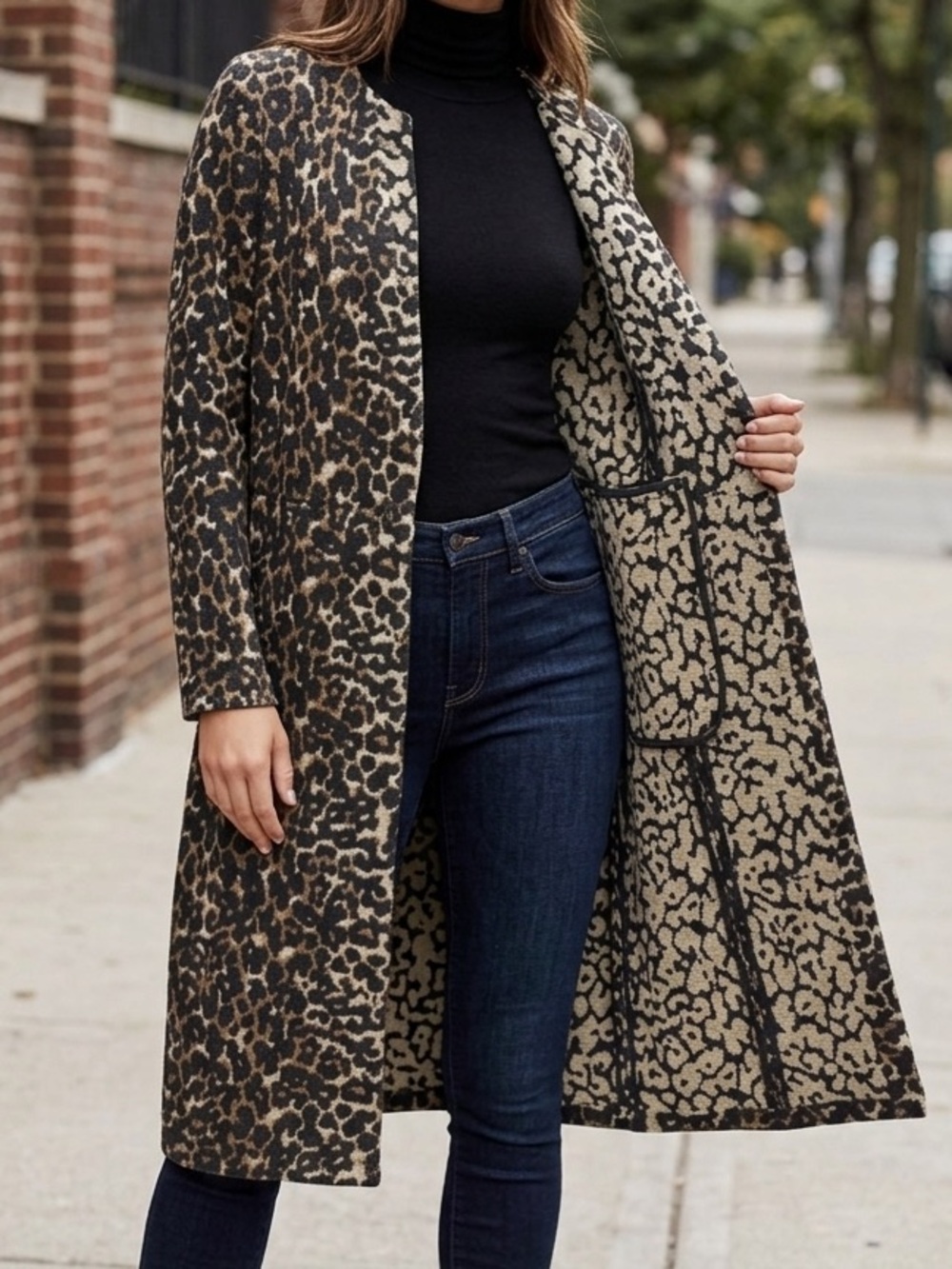 Free Press Leopard Print Long Coatigan/Duster/Jacket in Black & Brown